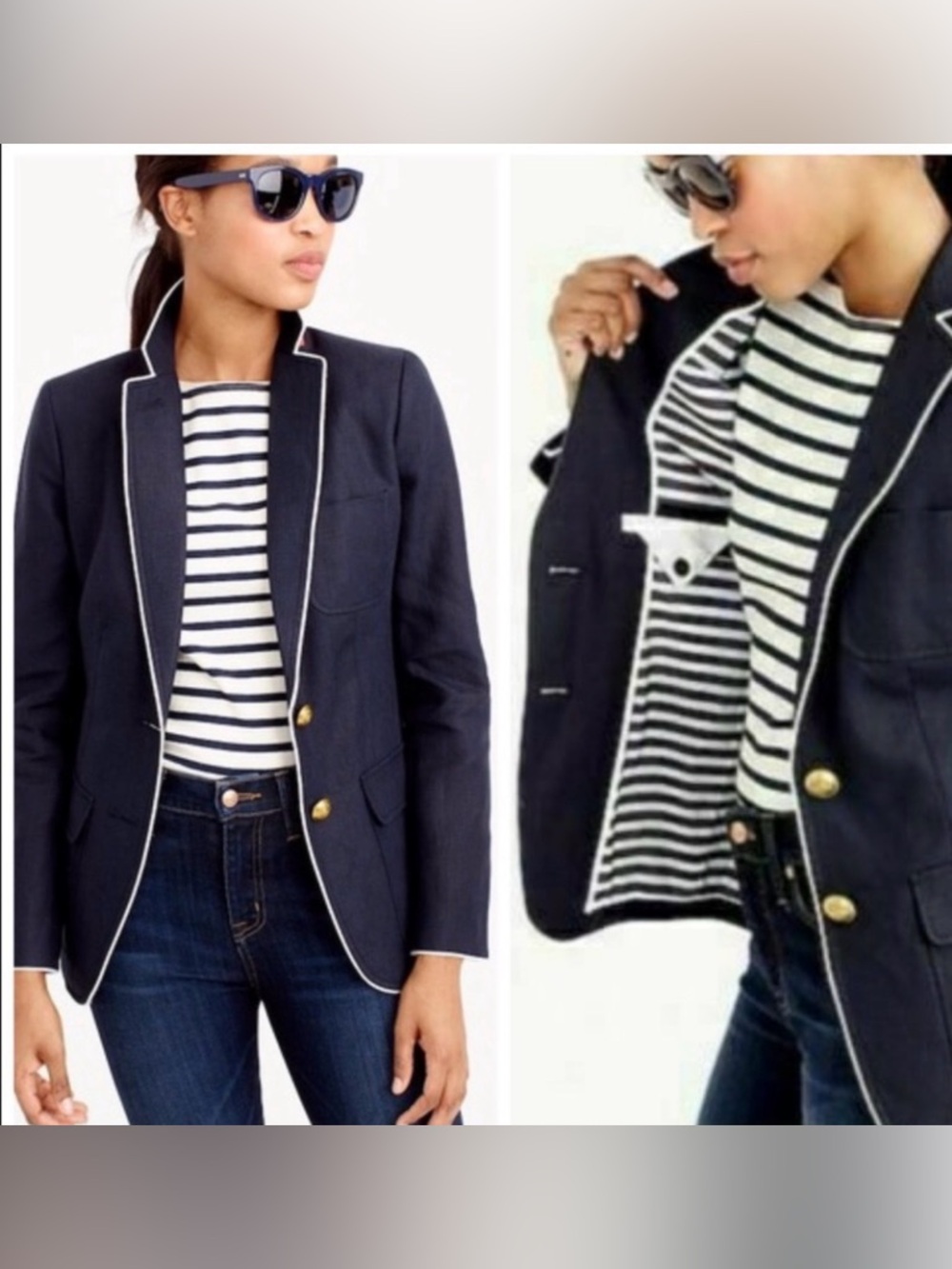 J. Crew Navy linen nautical preppy Blazer with White Piping and Gold Buttons